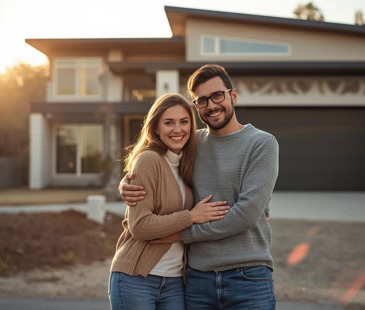 Couple protected by insurance in front of their new home