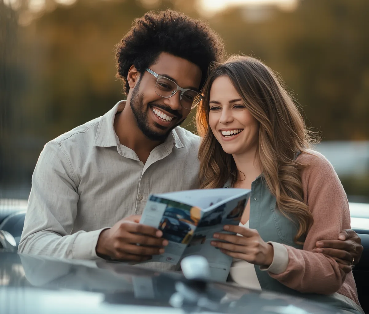 Couple planning a savings goal together on a phone
