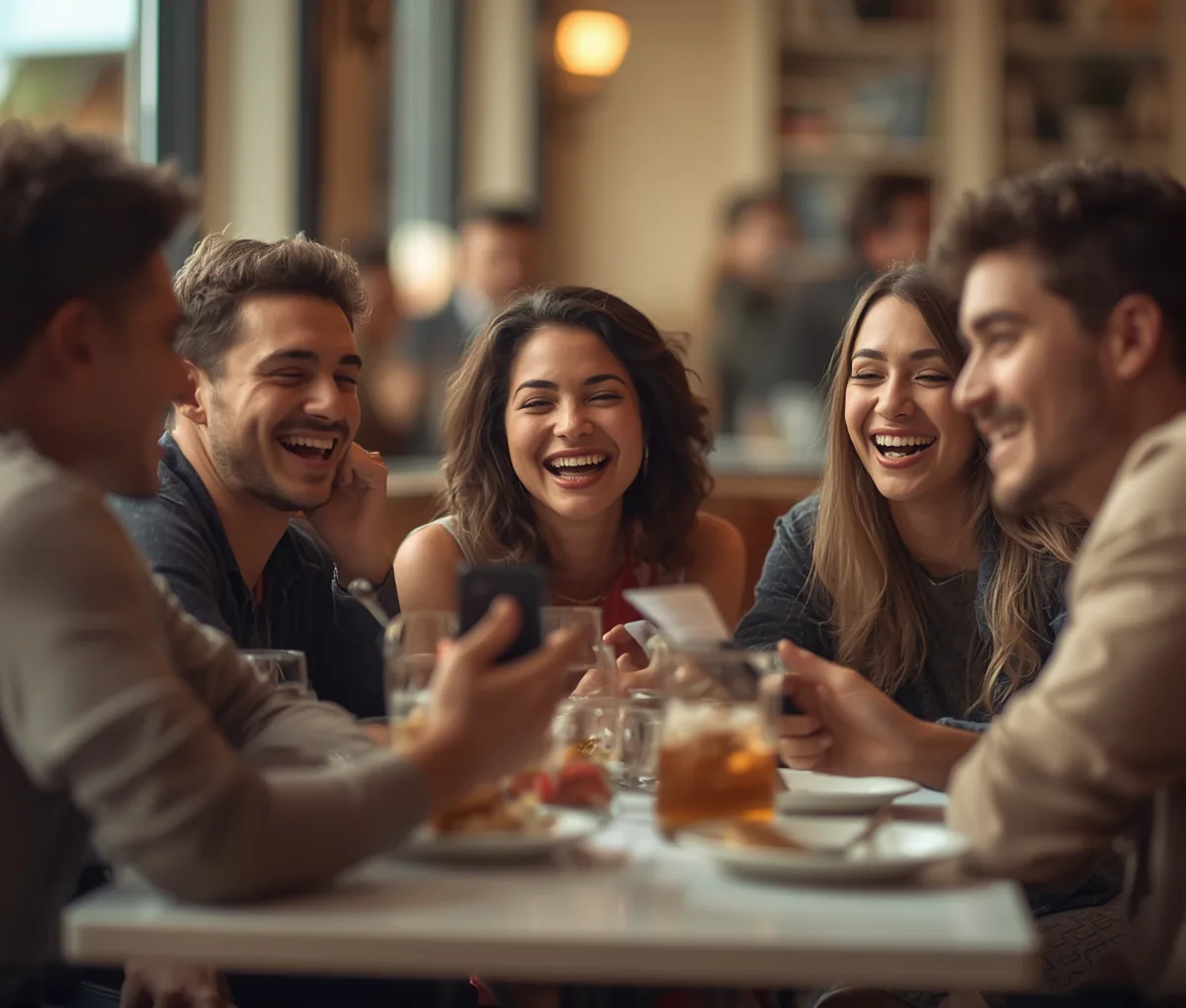 Friends splitting a restaurant bill with the group expense tracker app