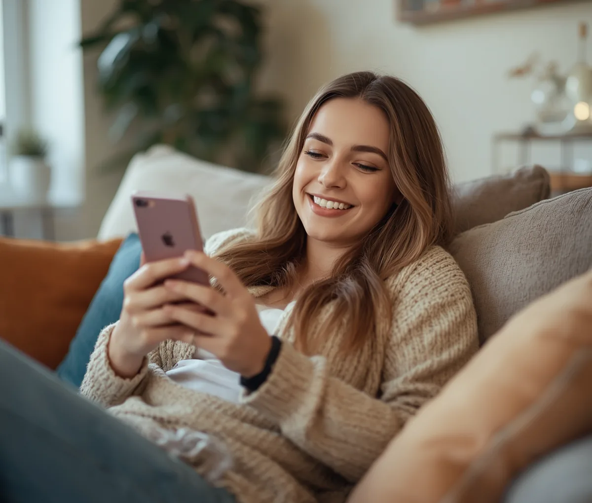 Woman relaxing at home checking her finances on the Syncrofin app