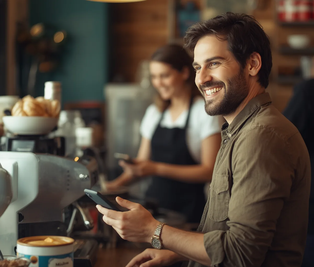 Man paying at a cafe and tracking the expense on his phone