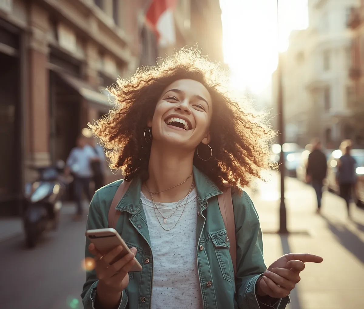 Young woman smiling outdoors after checking her spending on her phone