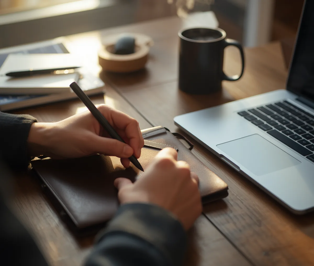 Person journaling trades in a notebook beside a laptop