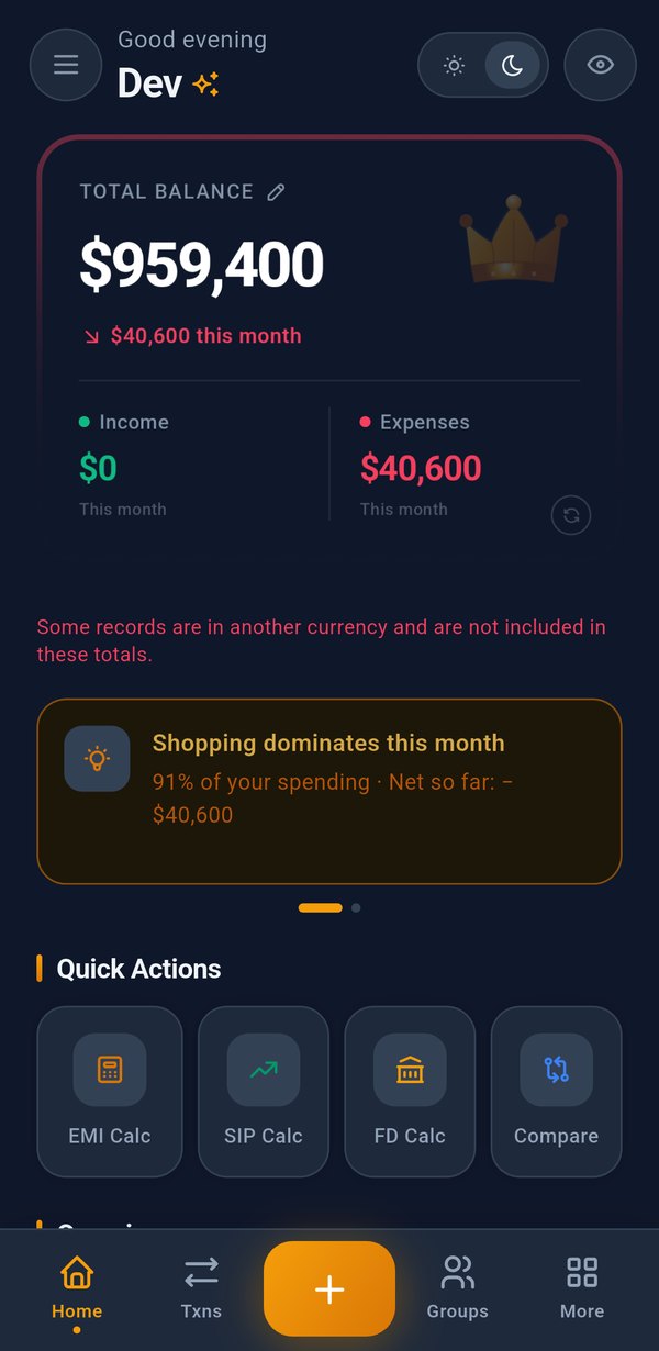 Syncrofin app dashboard showing total balance, income and expenses, spending insights, and quick actions like EMI, SIP and FD calculators
