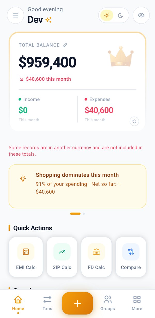 Syncrofin app dashboard showing total balance, income and expenses, spending insights, and quick actions like EMI, SIP and FD calculators
