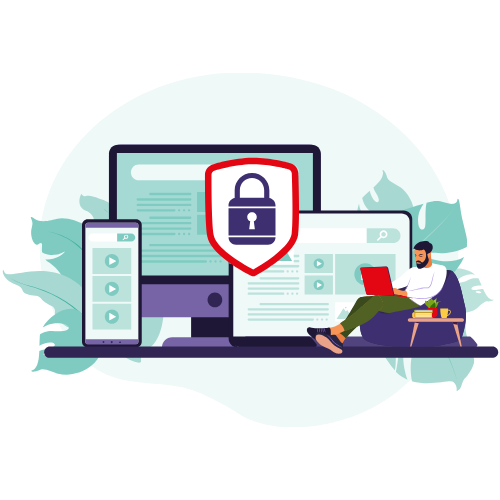 Devices protected by a security shield showing Syncrofin's privacy-first, no-tracking finance app