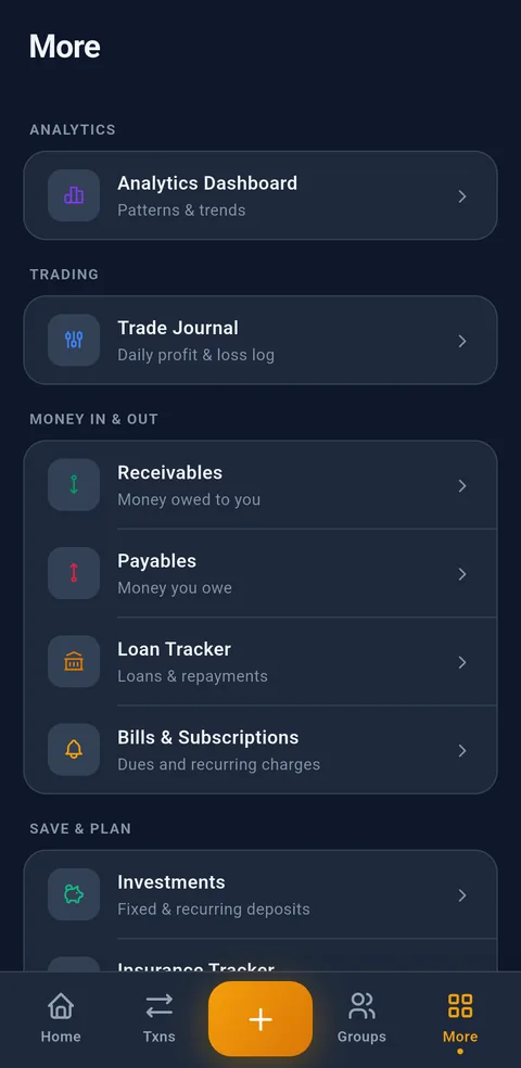 Syncrofin features hub in dark mode listing analytics, trade journal, receivables, payables, loan tracker, bills and subscriptions, investments and insurance in one personal finance app
