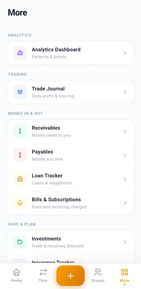 Syncrofin features hub listing analytics dashboard, trade journal, receivables, payables, loan tracker, bills and subscriptions, investments and insurance tracker in one place
