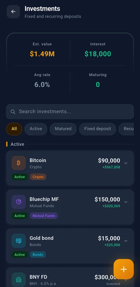 Syncrofin investment portfolio in dark mode showing estimated value, interest, average rate and active holdings across crypto, mutual funds, bonds and fixed and recurring deposits
