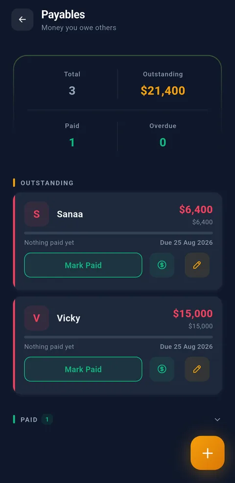 Syncrofin payables tracker in dark mode showing money you owe others, with outstanding, paid and overdue totals and per-person debt cards showing amounts and due dates