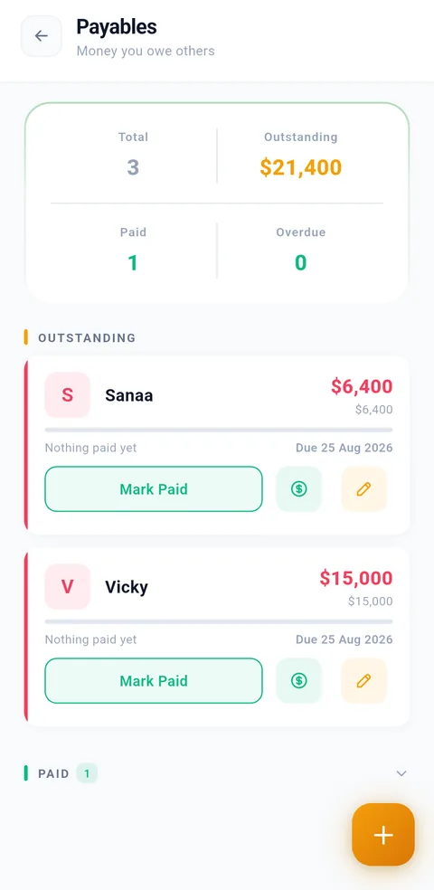 Syncrofin payables tracker showing money you owe others, with total outstanding, paid and overdue counts, and per-person cards for each debt with due dates and a mark-paid action