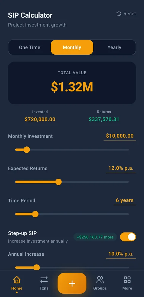 Syncrofin SIP calculator in dark mode projecting investment growth with total value, invested amount, expected returns and step-up SIP, using sliders for monthly investment, return rate and time period
