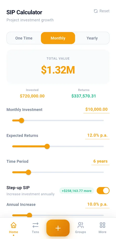 Syncrofin SIP calculator projecting investment growth, showing total value, amount invested, expected returns, and step-up SIP with adjustable monthly investment, return rate and time period sliders