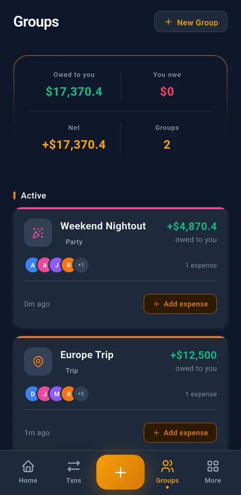 Syncrofin shared groups screen in dark mode for splitting expenses with friends, showing owed-to-you, you-owe and net balances and active groups with members and add-expense actions