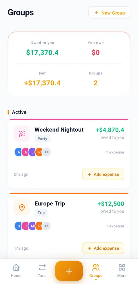 Syncrofin shared groups screen for splitting bills with friends, showing money owed to you, what you owe, net balance and active groups like a weekend party and a Europe trip with members and shared expenses
