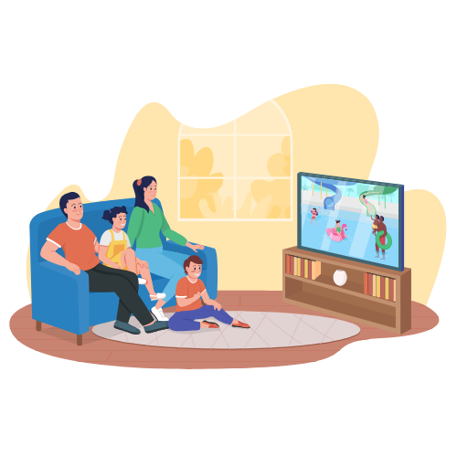 Family managing bills and subscriptions together while watching TV at home with Syncrofin